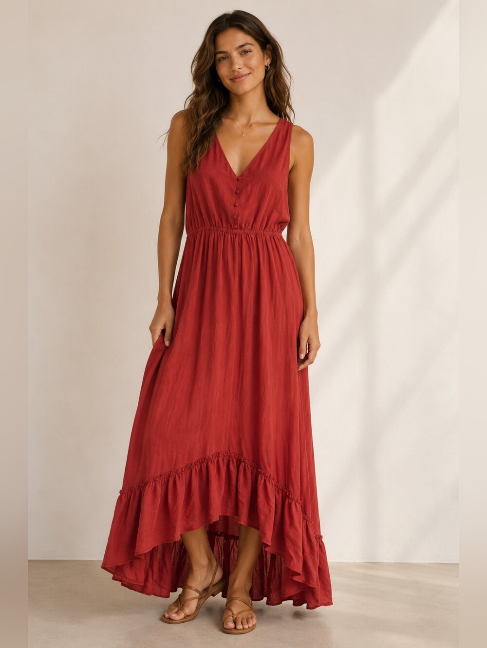 Red V-Neck Ruffle High-Low Maxi Dress